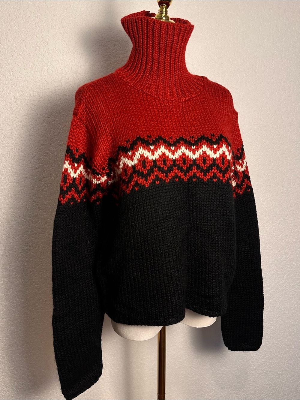 Faded Glory Red & Black Fair Isle Turtleneck Sweater